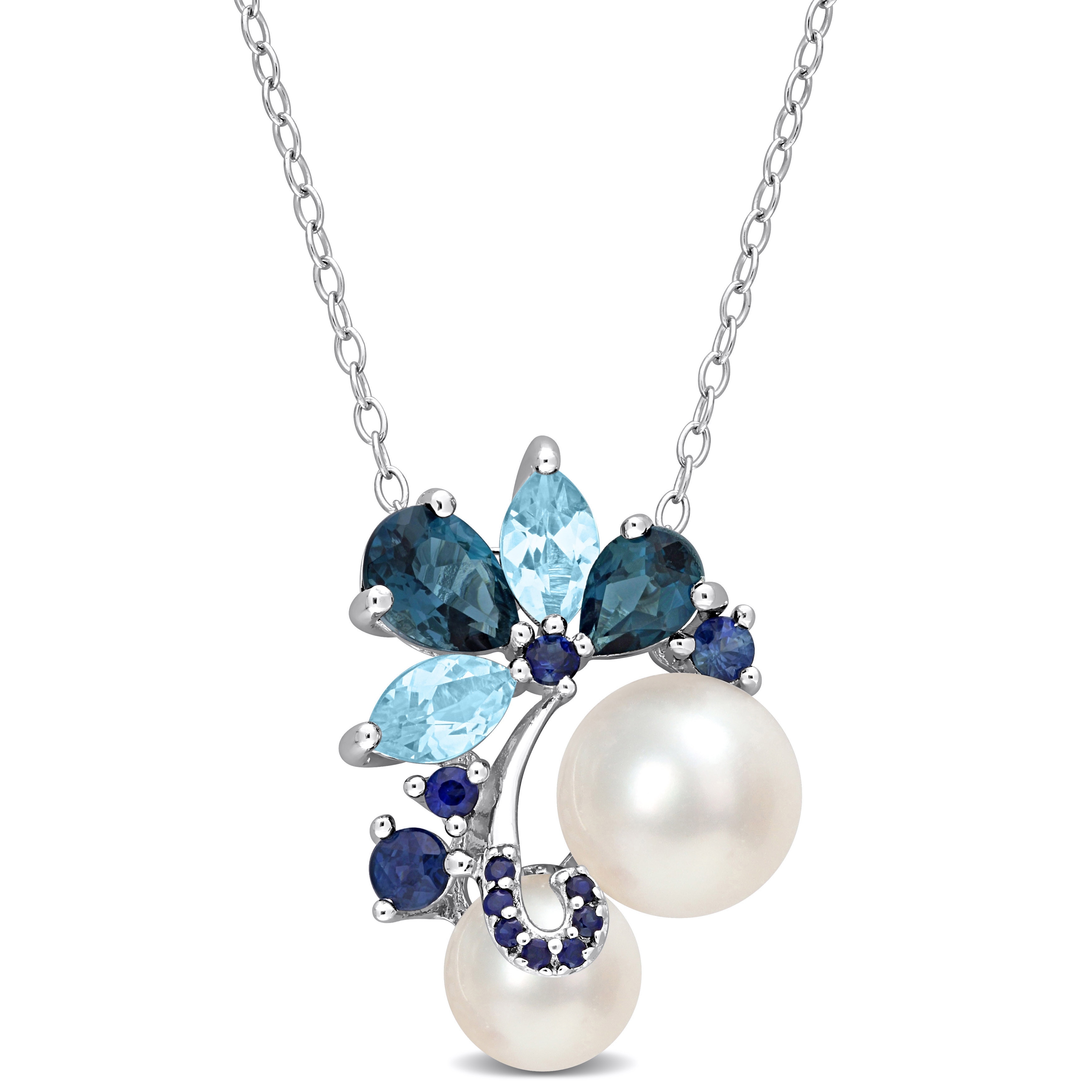 Miadora White Cultured Freshwater Pearl, London and Sky-Blue Topaz, and Sapphire Pendant Sterling Silver