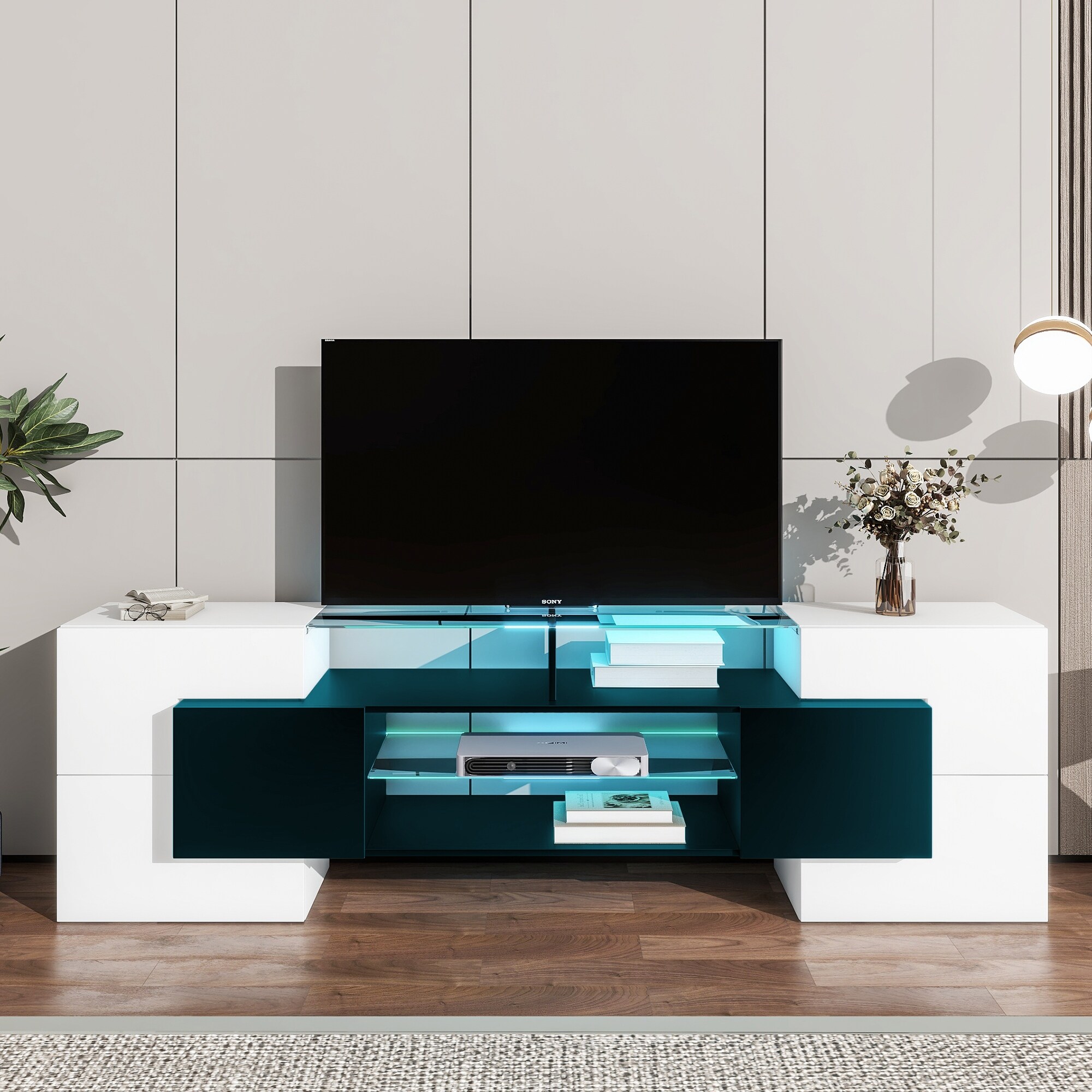 Versatile Unique Shape TV Stand w 2 Illuminated Glass Shelves High Gloss Entertainment Center TV Cabinet w LED Color Lights Bed Bath Beyond 39519332