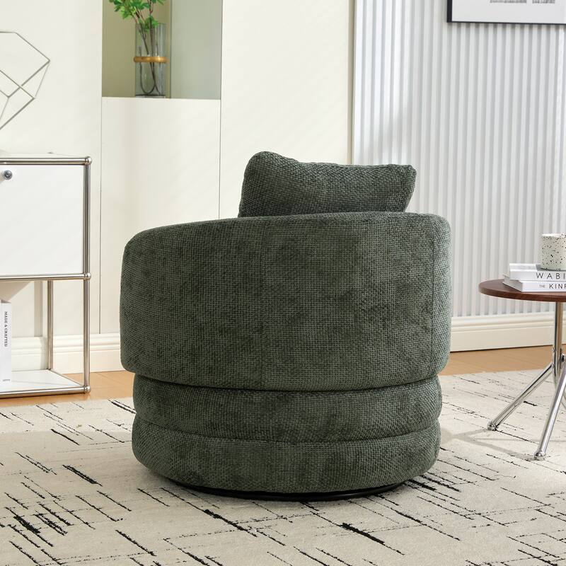 Round Swivel Barrel Chair with Pillow, Comfy Chenille Upholstered Reading Armchair, Ergonomic Single Club Sofa Chair
