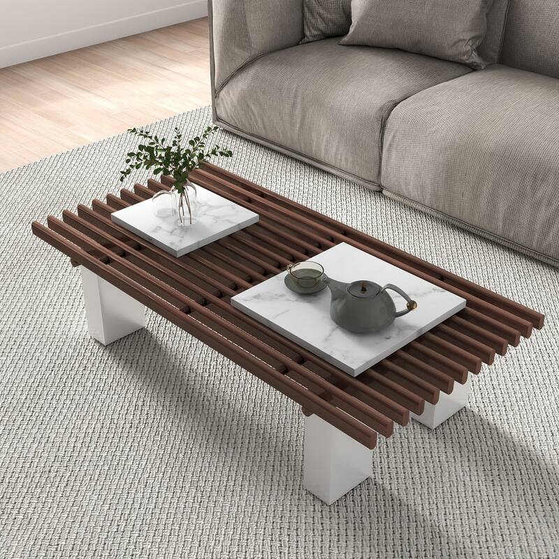 47.24 in. Rectangle Stone Tabletop Coffee Table with Hollow Lattice Design - Brown&White