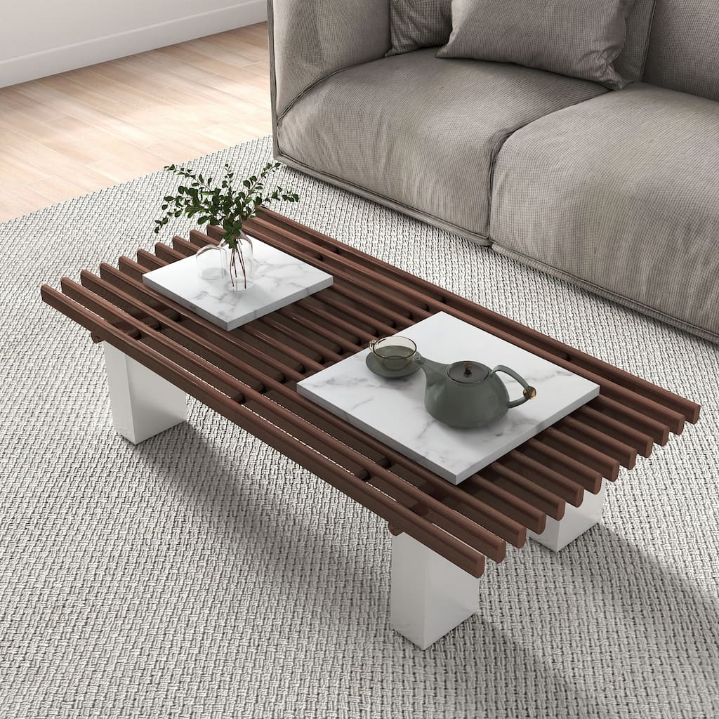 47.24 in. Rectangle Stone Tabletop Coffee Table with Hollow Lattice Design