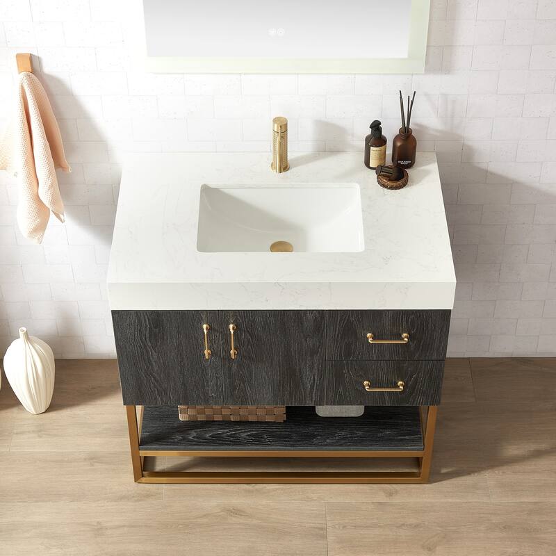 Alistair Bath Vanity with Grain White Stone Top and Mirror