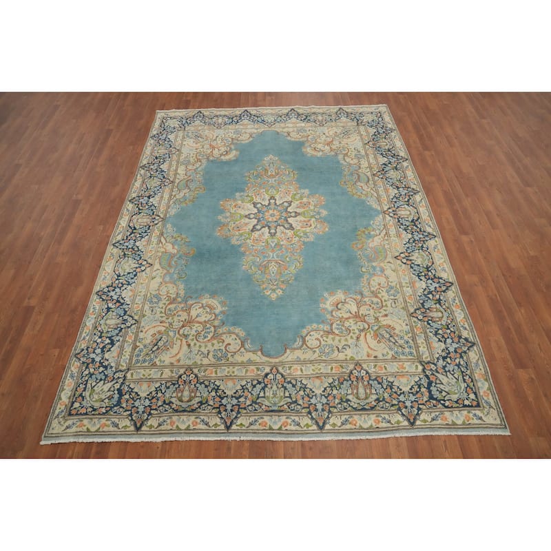 Hand Knotted Oriental 100% Wool Carpet Traditional Floral Navy Blue & Blues Kerman Area Rug - 10' 1'' X 7' 5''