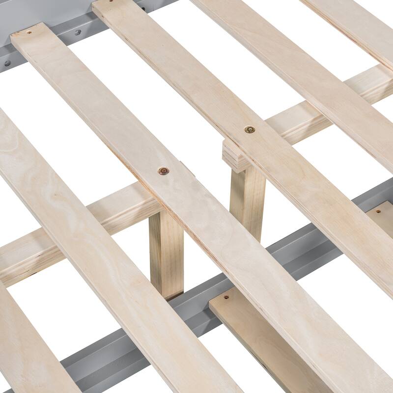 Full Size Wood Bunk Bed with Twin Size Trundle and Ladder, Divided Into 2 Individual Beds, Full Over Full Bunk Bed Frame