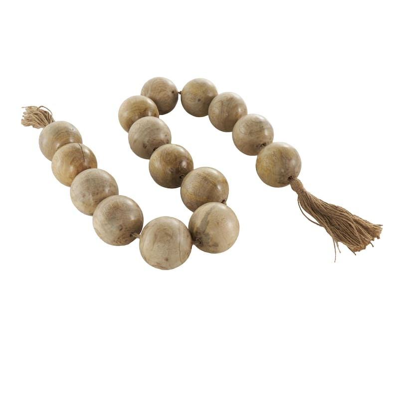 Mango Wood Handmade Round Extra Long Washed Orb Garland with Tassel - Brown, Black or White - Roche River Decor