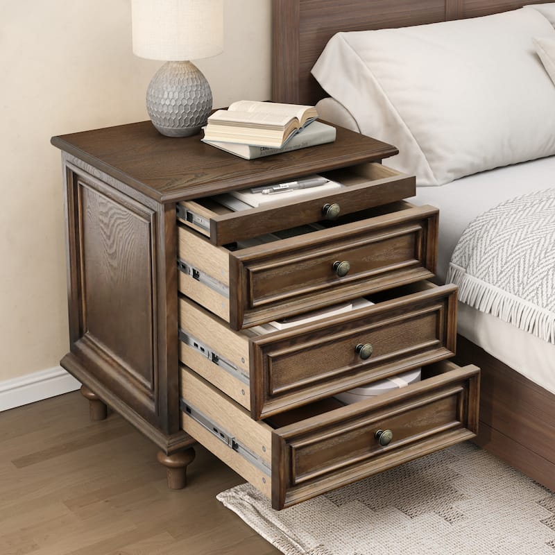Traditional 3-Drawer Nightstands with Pull-Out Shelf and Solid Wood Legs
