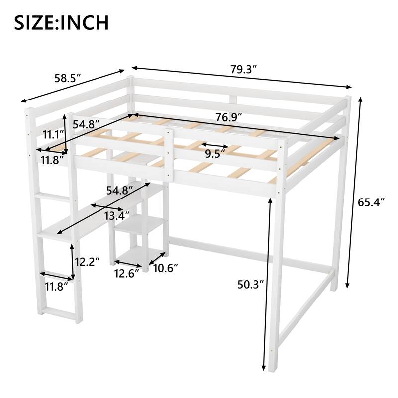 Full Size Loft Bed with Desk, Wooden Loft Bed Frame with Storage