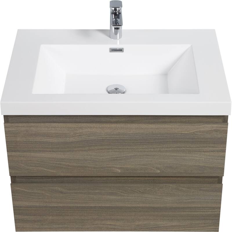 35.5-Inch Floating Bathroom Vanity with Glossy Resin Sink, Ash Grey Color, Wall-Mounted Design, 2 Drawers