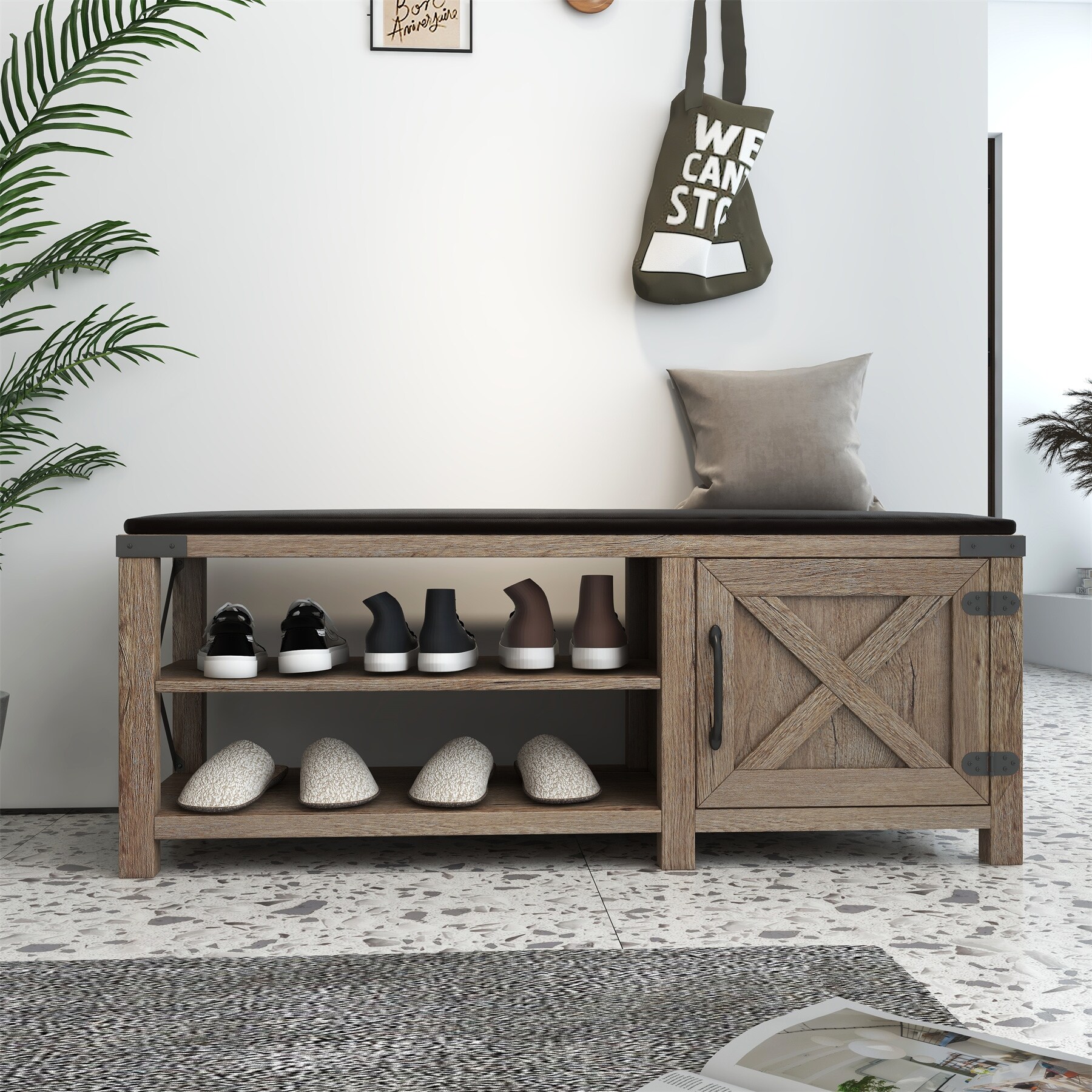 Farmhouse Shoes Bench with Seat Cushion Light Brown On Sale