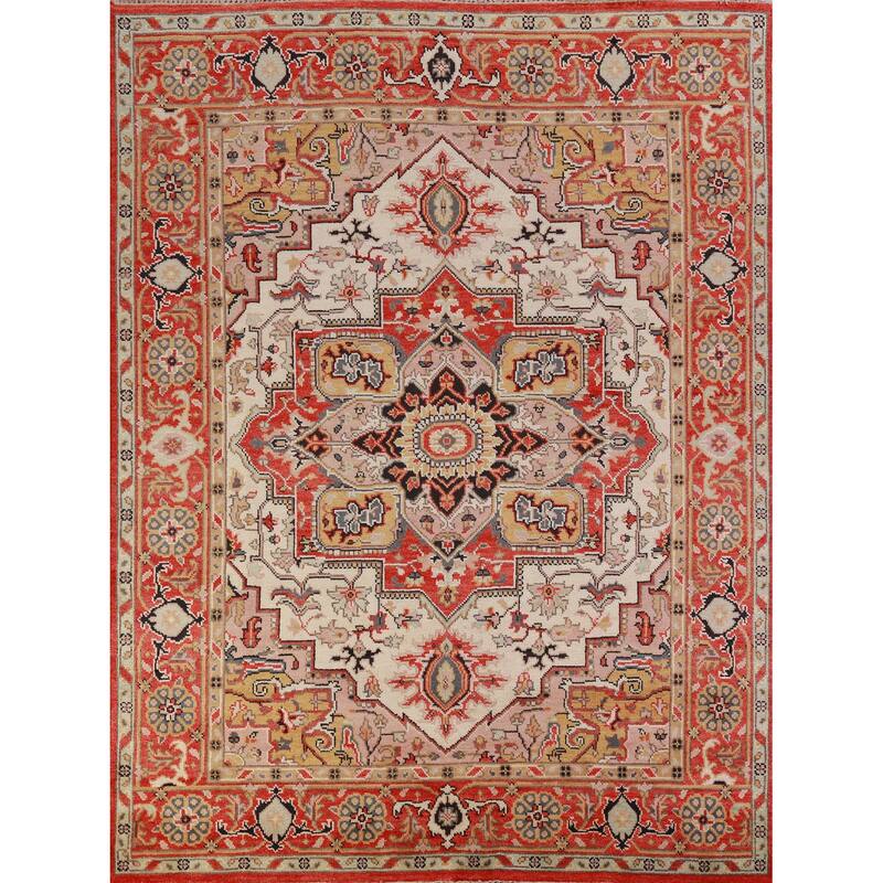 Geometric Heriz Serapi Oriental Rug Handmade Beige Wool Carpet - 7'11" x 9'10"
