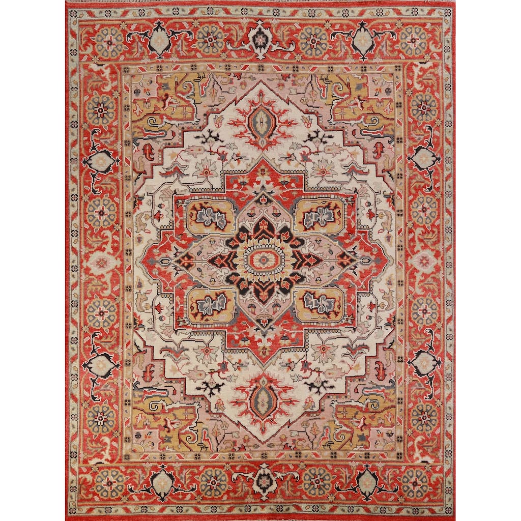 Hand Knotted Oriental 100% Wool Carpet Traditional Medallion Beige & Ivories Heriz (serapi) Area Rug - 9' 10'' X 7' 11''