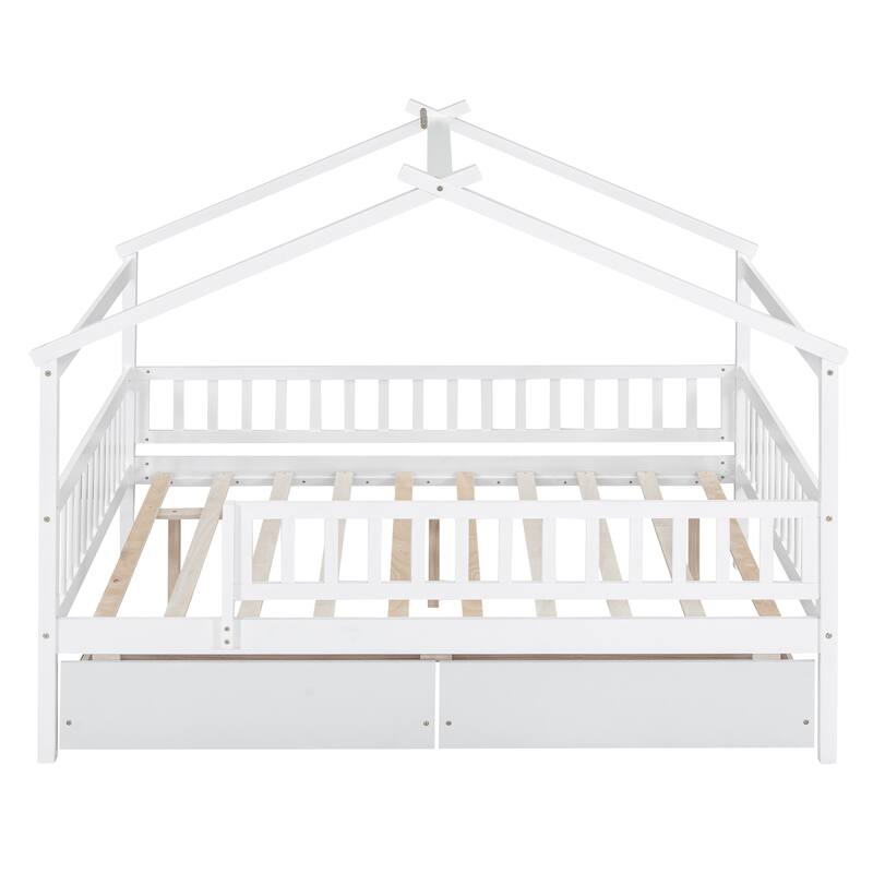 Full Size White Wooden House Bed with Two Drawers, Solid Pine Construction