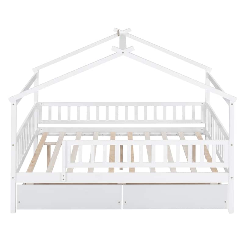Space-Saving Full Size House Daybed with Storage Drawers and Roof Design
