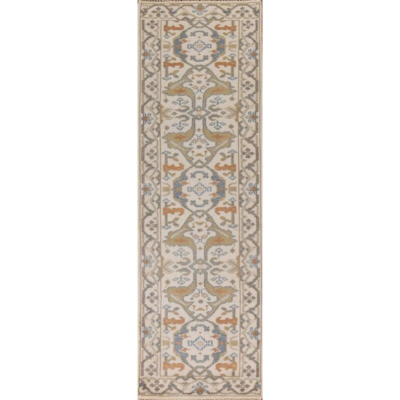 Beige Floral Oushak Runner Rug Hand-knotted Wool Carpet - 2'6"x 9'10"