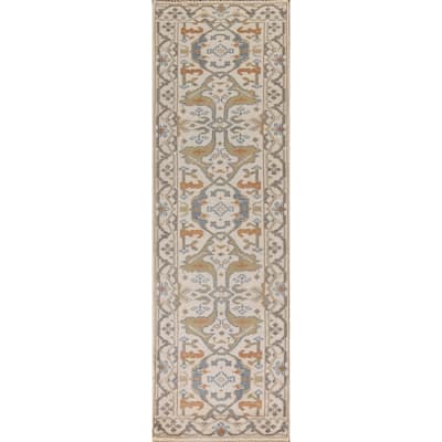 Beige Floral Oushak Runner Rug Hand-knotted Wool Carpet - 2'6"x 9'10"