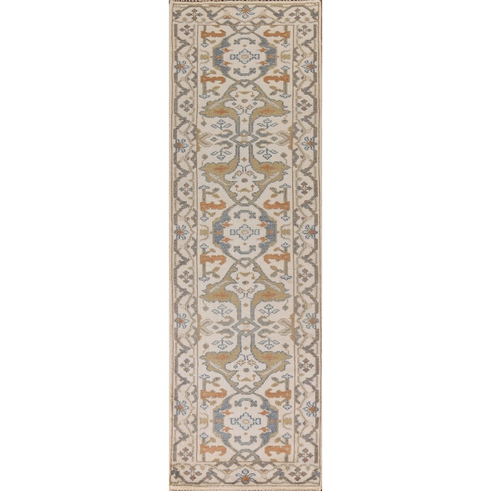 Beige Floral Oushak Runner Rug Hand-knotted Wool Carpet - 2'6"x 9'10"
