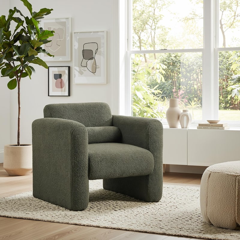 Homy Lin Plush Teddy Accent Chair: Modern Cozy Lounge Seat for Living Room & Bedroom, Upholstered Boucle Armchair with Pillow