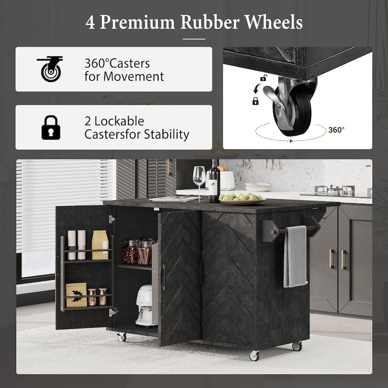 51.2"W 3D Wave Stripes Ash Veneer (Not Cheap Paper) Kitchen Island with Drop Leaf, Farmhouse Kitchen Island on Wheels