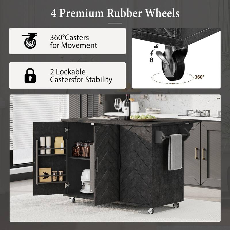 Wave Stripes Wood Finish Kitchen Island, Farmhouse Rolling Wheels Storage Cart wDrop Leaf, Internal Storage Rack for Living Room