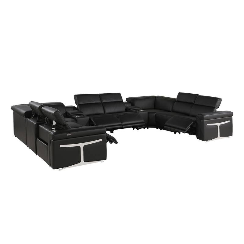 HomeRoots Black Italian Leather Power Reclining U Shaped Ten Piece Corner Sectional With Console