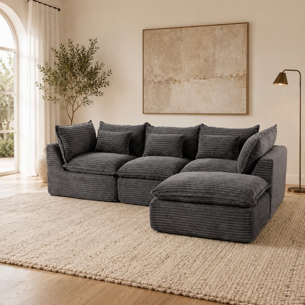 102.3" Corduroy Sectional Sofa with Ottoman, No Assembly Required