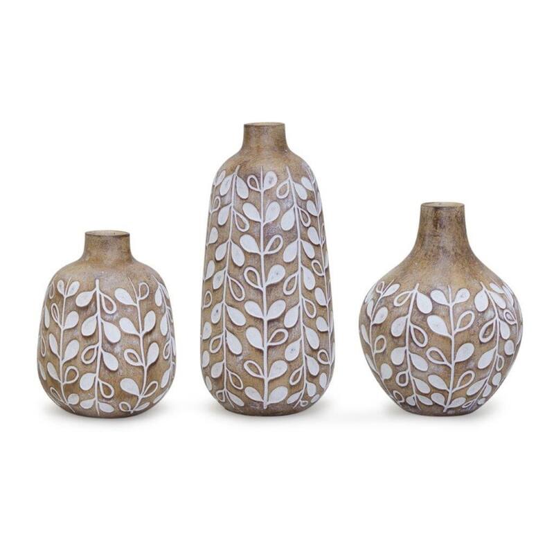 Decorative Brown White Round Vases Set of 3 with Leaf Design