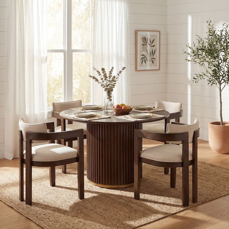 Christopher Knight Home - Modern 5-Piece Wooden Dining Set with Upholstered Linen Chairs - Beige+Walnut
