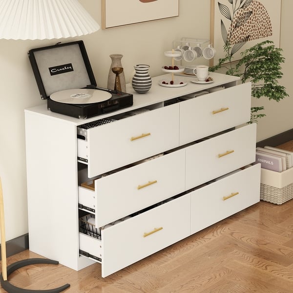 white and gold double dresser White Glam Double Dresser with 6 Drawers and Gold Metal Accents