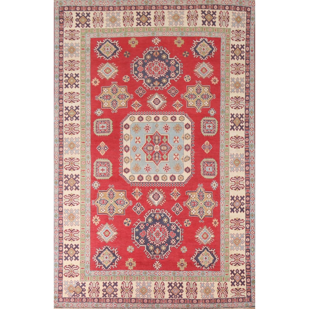 Hand Knotted Oriental 100% Wool Carpet Traditional Geometric Red Kazak Area Rug - 9' 8'' X 6' 3''