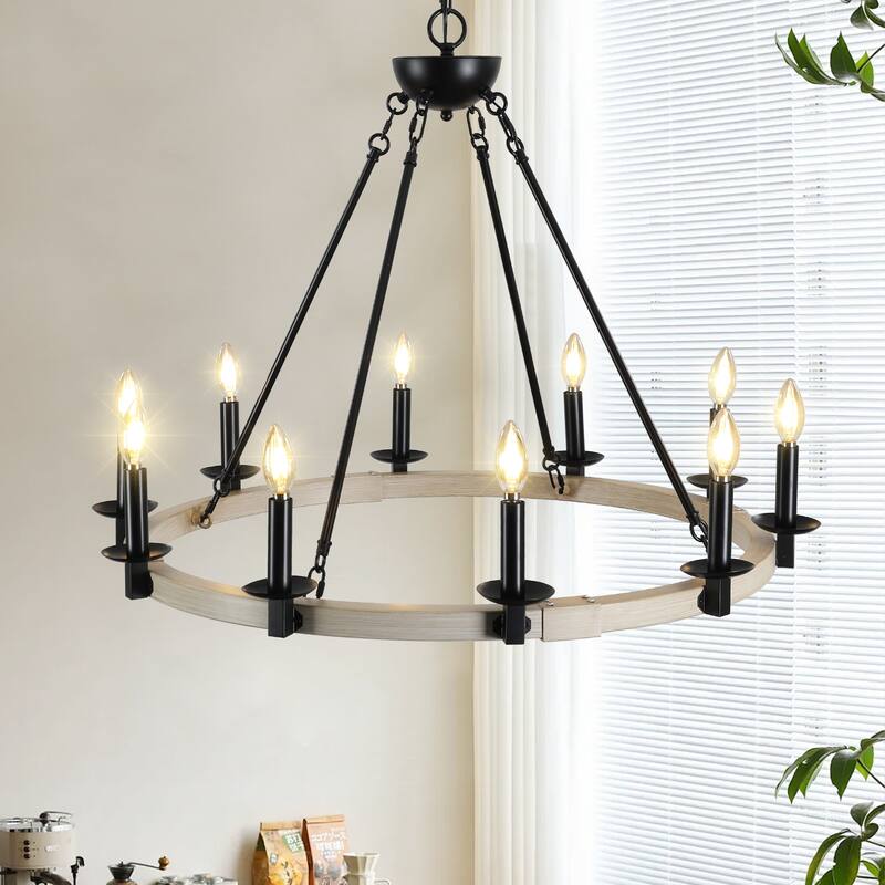 Farmhouse 10-Light Candle Chandelier, Black Metal and Wood Round Hanging Light, Adjustable Height, for Dining Room or Kitchen - White