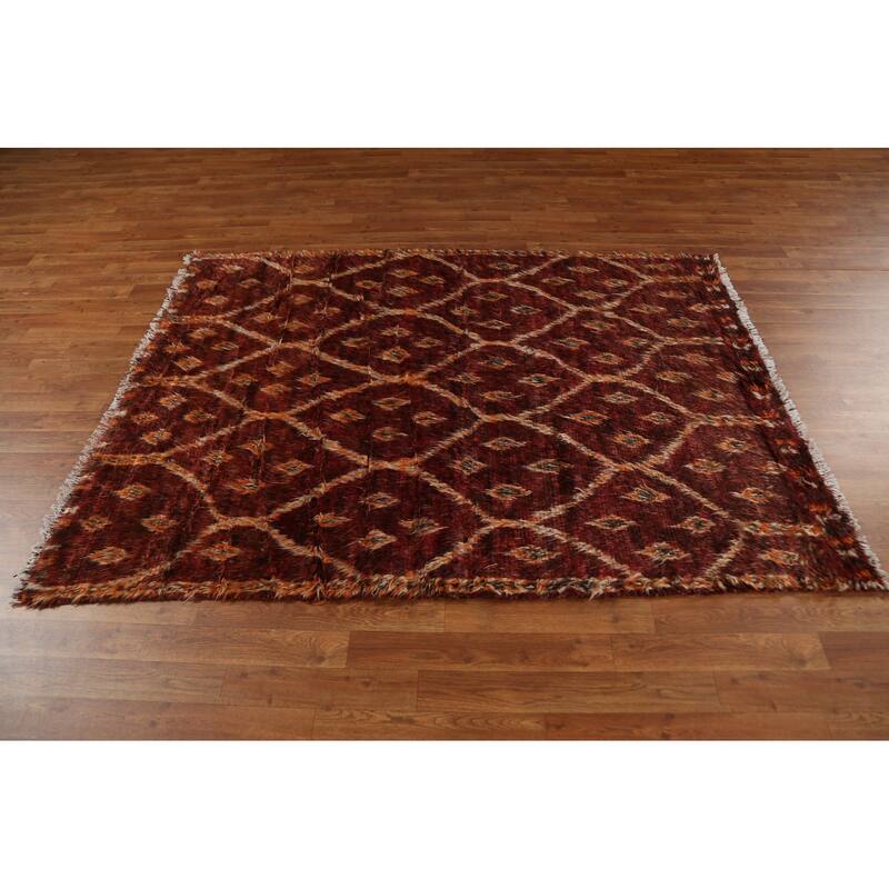Hand Knotted Oriental 100% Wool Carpet Modern Tribal Red Moroccan Area Rug - 6' 5'' X 4' 8''