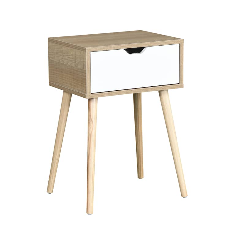 Side Table with 1 Drawer and Rubber Wood Legs, Mid-Century Modern Storage Cabinet for Bedroom Living Room Furniture