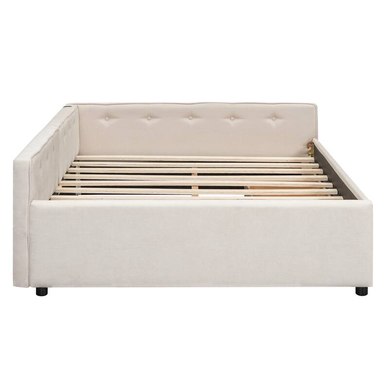 Beige Full Size Modern Upholstered Platform Bed with USB & Two Drawers
