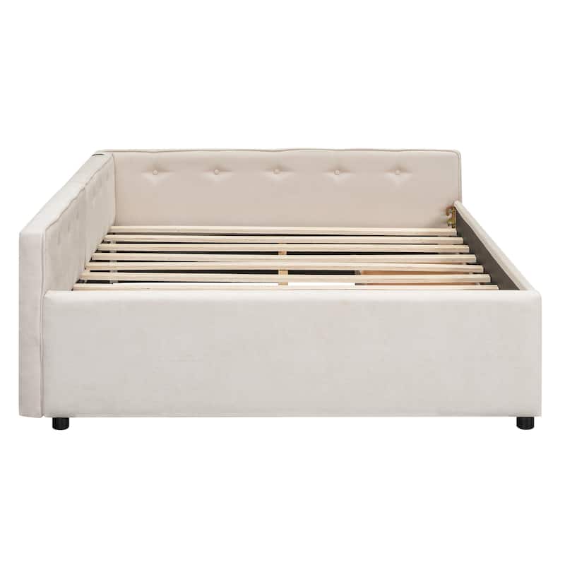 L Shaped Linen Fabric Sofa Bed Frame, Tufted Upholstered Daybed with USB Ports and 2 Drawers, Wooden Slats Support