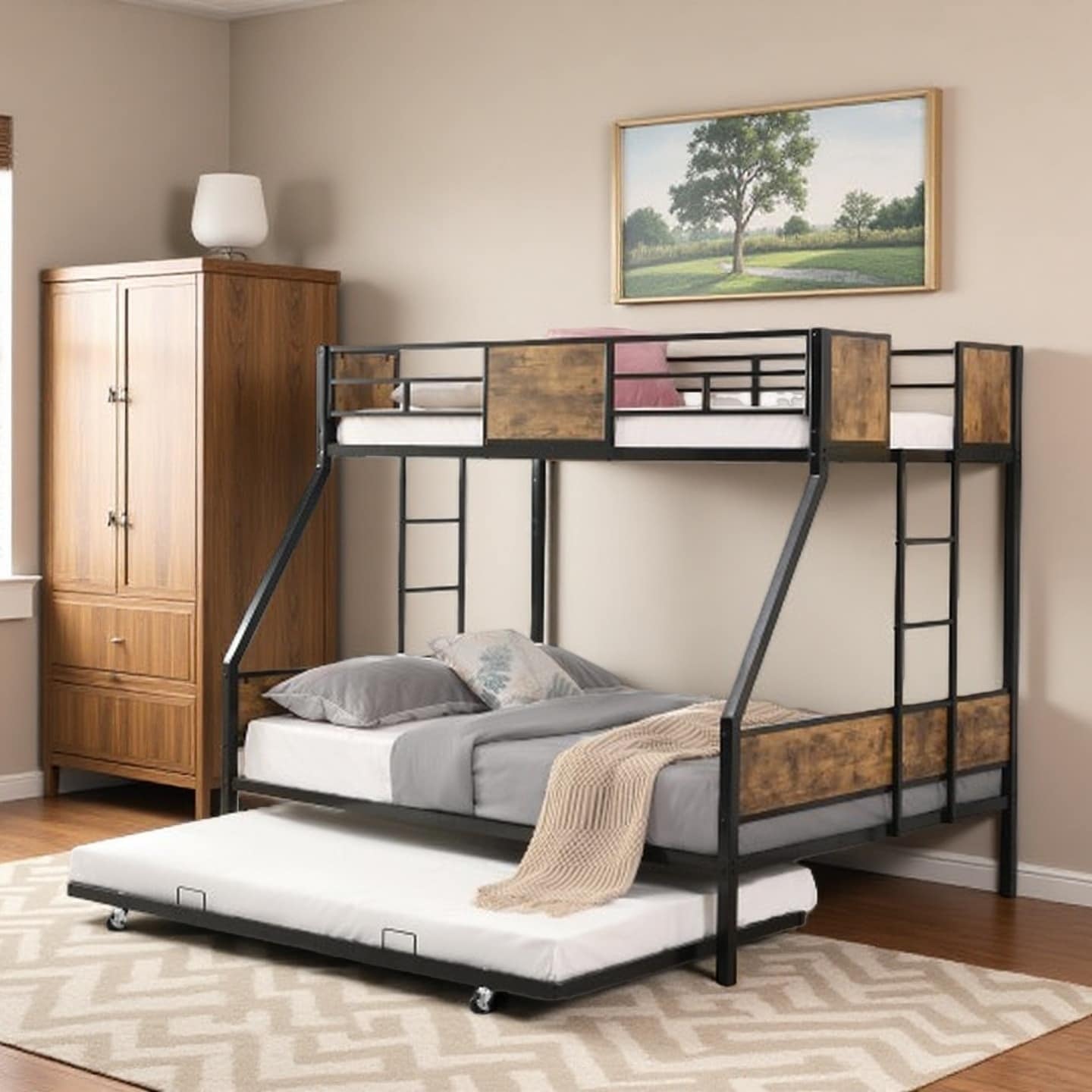 Twin Over Full Metal Bunk Bed with Trundle, Full-Length Guardrails and Side Ladder, Space-Saving Design with Under-Bed Storage