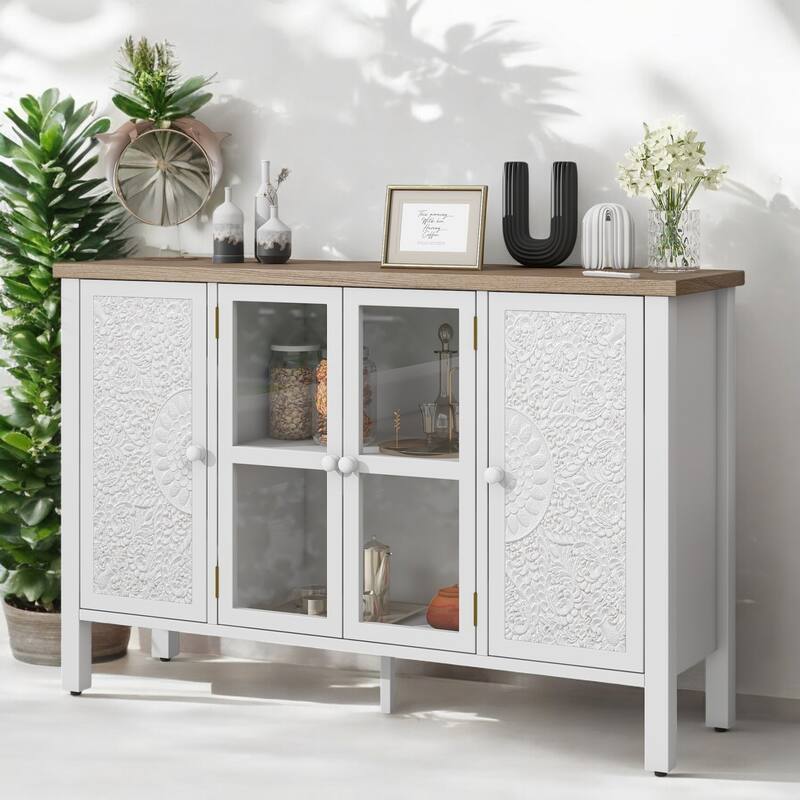 47.2" Retro TV Stand for TVs up to 43 Inches, Media Console with Glass Cabinet Doors, 3 Spacious Cabinets, Adjustable Shelves
