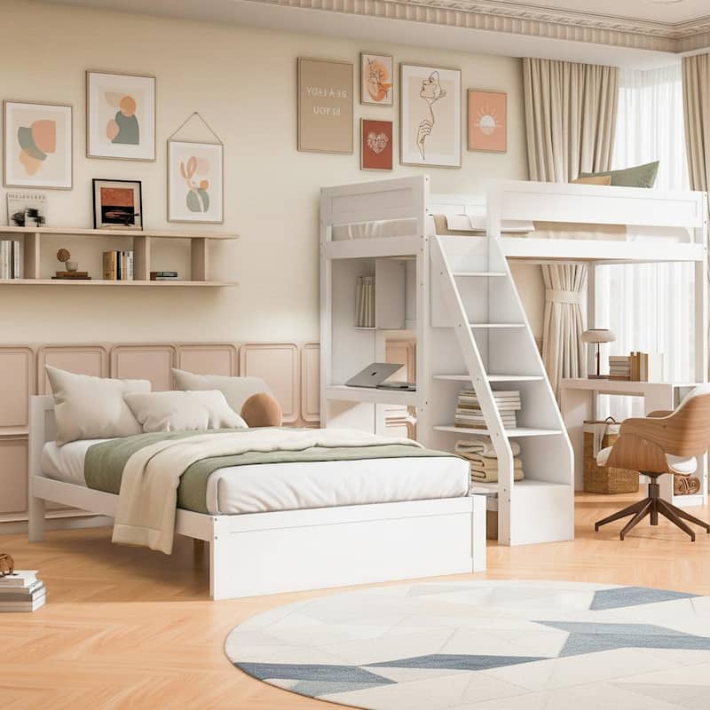 Twin XL Over Full Bunk Bed with Integrated Desk, USB Charging Station & Storage Staircase by Harper&Bright Designs