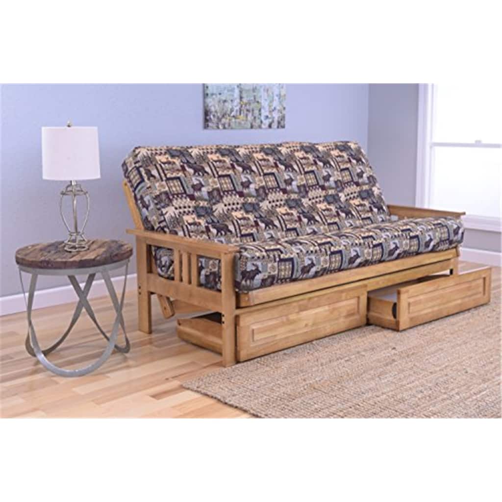79 in. Butternut/Peter's Cabin Fabric Upholstered Full Size Futon Set with Mattress and Storage Drawers
