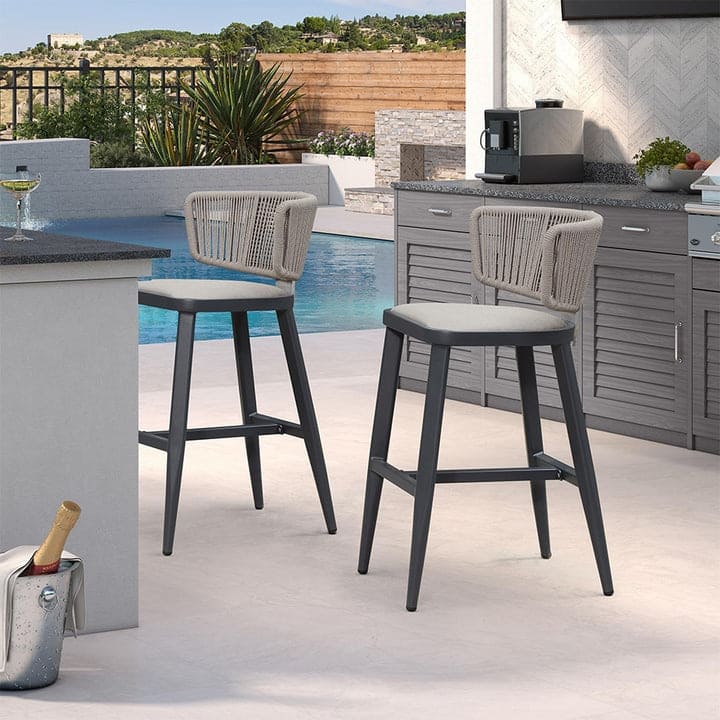 PURPLE LEAF Outdoor Bar Stools Chair Set of 2, All Weather Rattan and Aluminum Patio Bar Stool with Cushion