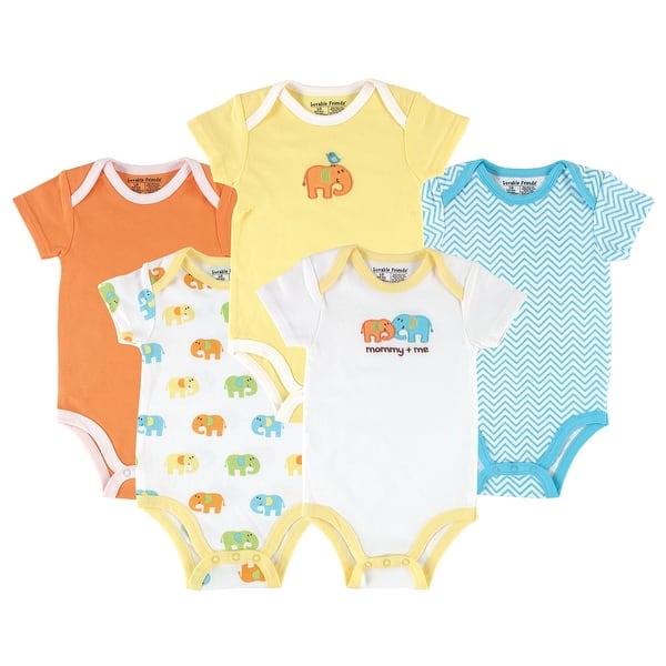slide 1 of 1, Luvable Friends Cotton Bodysuits 5pk, Yellow Elephant 0-3 Months - Yellow Elephant