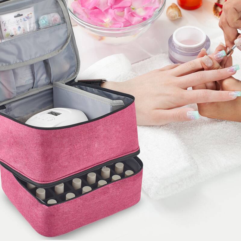 Double-Layer Nail Polish Organizer Bag, Holds 27 Bottles, Nail Tools & Dryer Storage Case with Adjustable Dividers