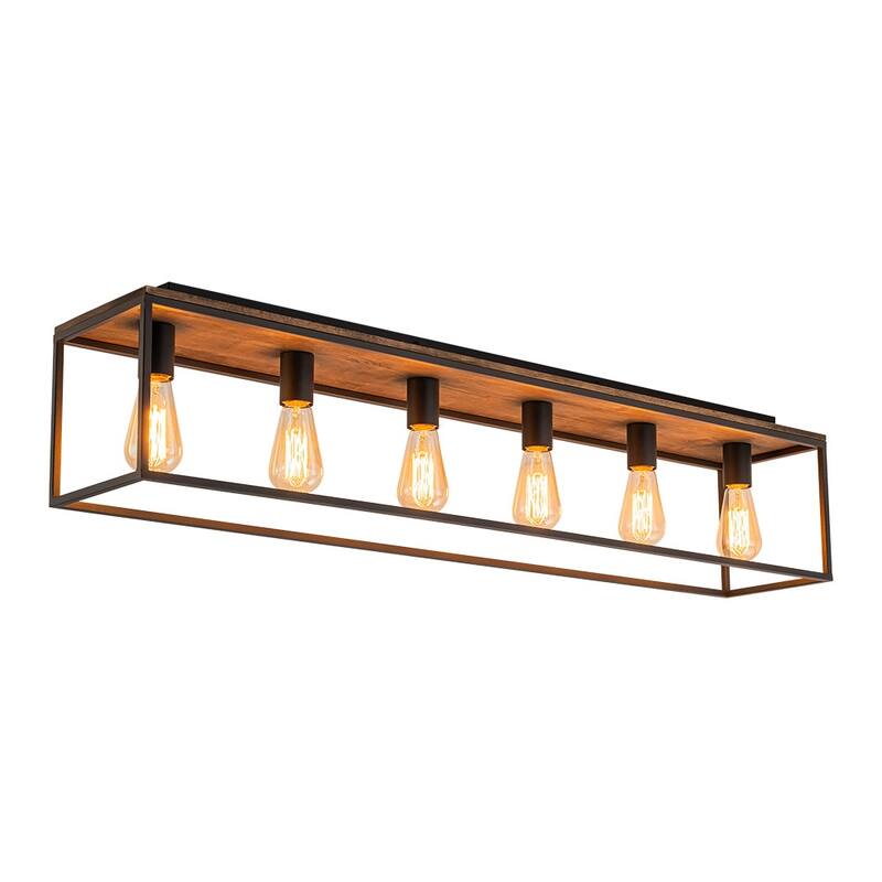 Modern Farmhouse Oak Wood Rectangle Cage Semi-Flush Mount