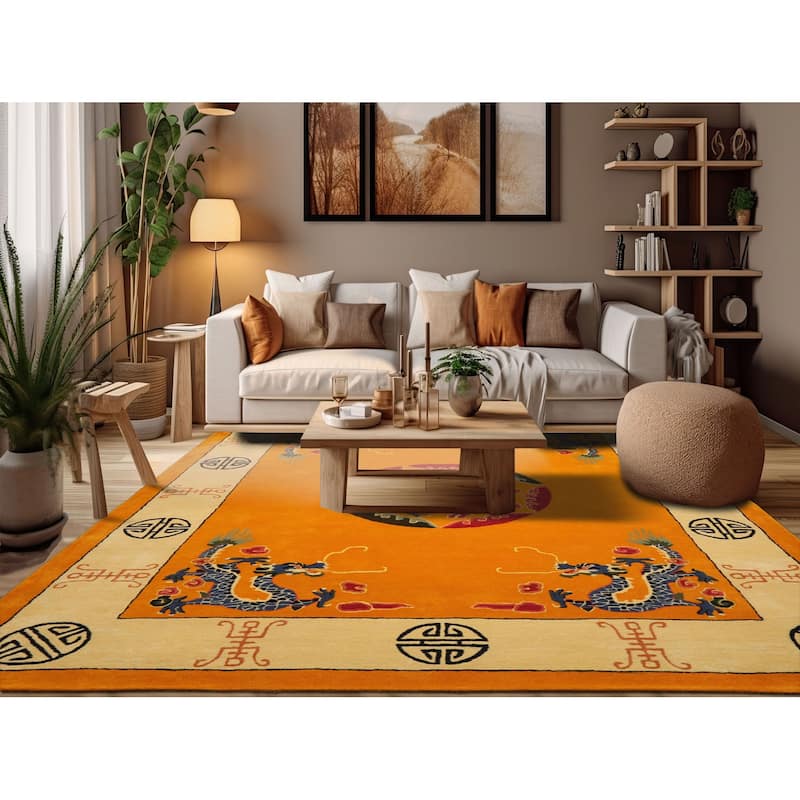 Gold Medallion & Dragon Chinese Art Deco New Zealand Wool Hand Tufted Multi Size Oriental Area Rug LoomBloom