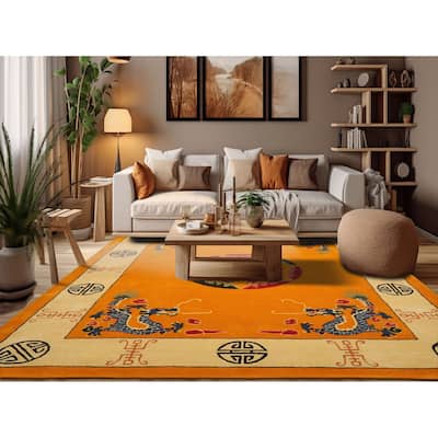 Gold Medallion & Dragon Chinese Art Deco New Zealand Wool Hand Tufted Multi Size Oriental Area Rug LoomBloom