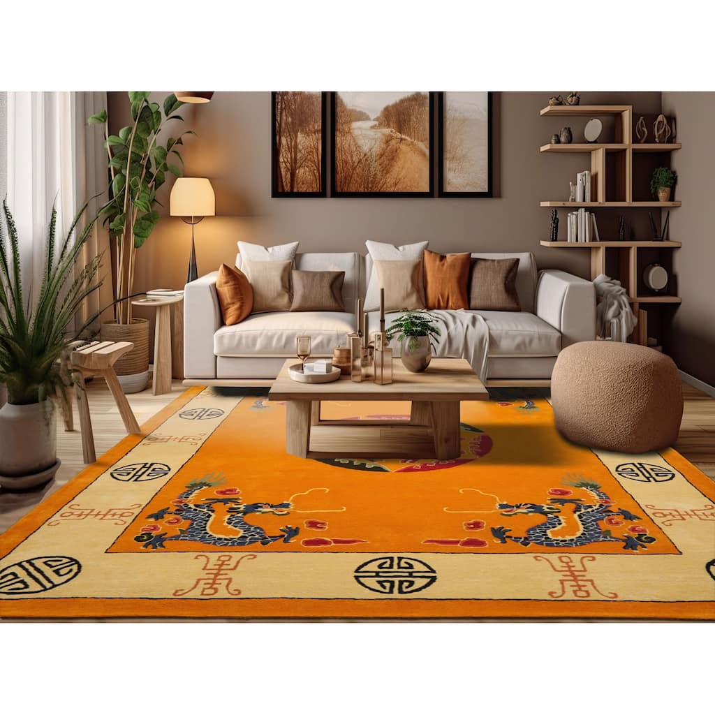 Gold Medallion & Dragon Chinese Art Deco New Zealand Wool Hand Tufted Multi Size Oriental Area Rug LoomBloom