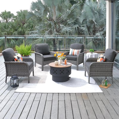 HOOOWOOO 5-piece Patio Wicker Chair Set with Wood Burning Fire Pit