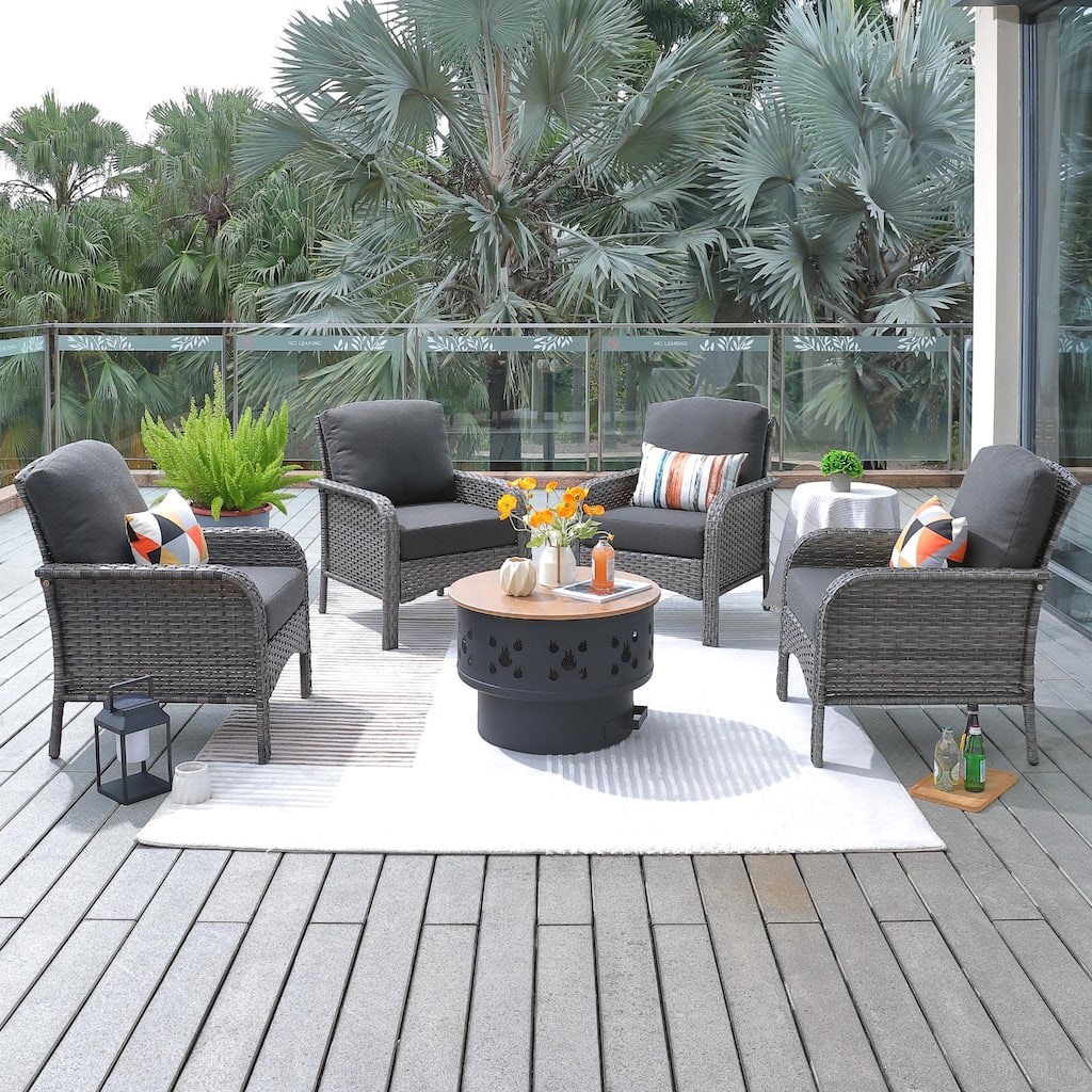 HOOOWOOO 5-piece Patio Wicker Chair Set with Wood Burning Fire Pit