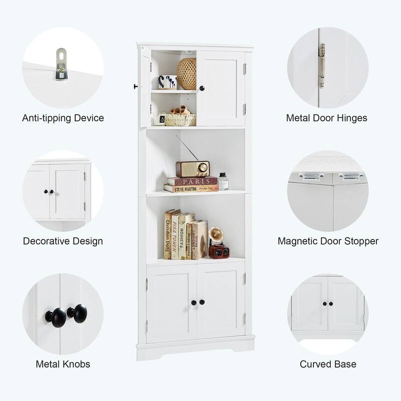 White Tall Bathroom Corner Storage with Doors and