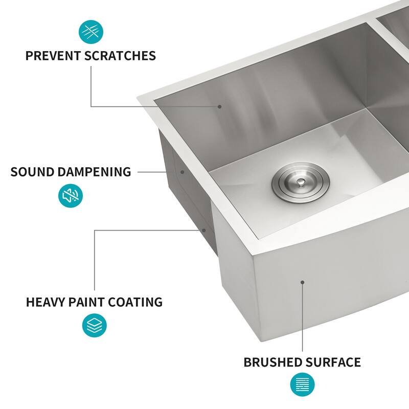 Double Bowl Sink Undermount Apron Front Double Bowl Kitchen Sink 16 Gauge with Two 9" Deep Basin