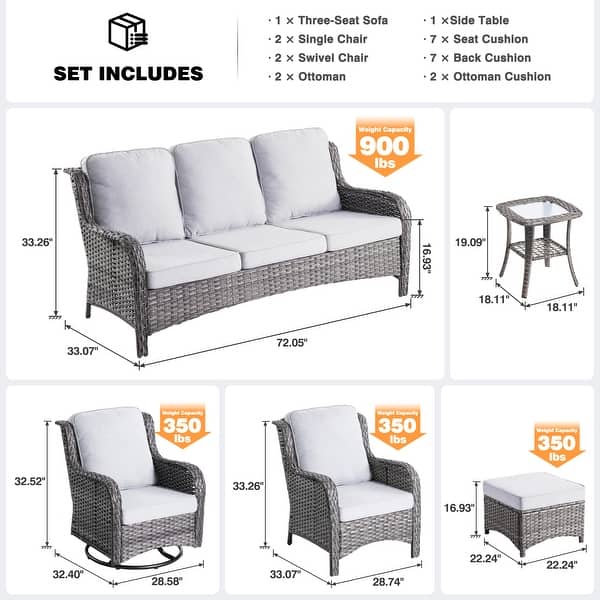 dimension image slide 4 of 6, OVIOS 8-Piece Wicker Swivel Chair Patio Conversation Set